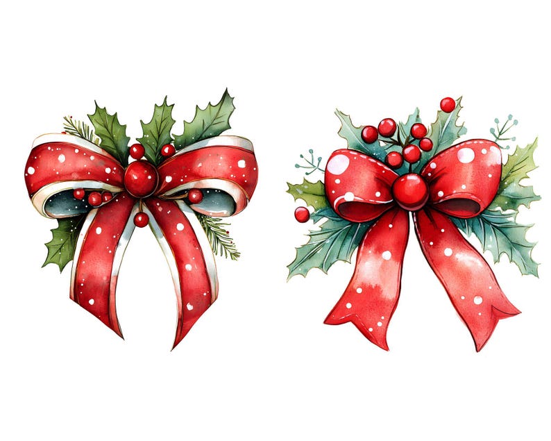 Christmas Ribbon Bow Watercolor Clipart – 14 JPG | Festive Holiday Red ...