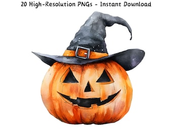 Watercolor Halloween Pumpkin Clipart: Witch Hat, Spooky Illustration (PNG Files)