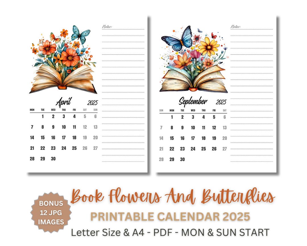 2025 Monthly Planner Printable With Book Flowers and Butterflies, A4 ...