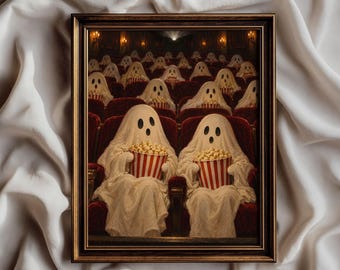 May include: A framed wall art print depicting a movie theater filled with white ghosts sitting in red velvet seats. Two ghosts in the foreground hold red and white striped popcorn buckets. The scene is dimly lit with warm ambient lighting.