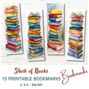 Puede incluir: Marcadores de acuarela con pilas de libros coloridos. Cada marcador muestra una disposición diferente de libros en varios colores, algunos abiertos para mostrar las páginas. También se ve el texto "Stack of Books" y "15 Printable Bookmarks".