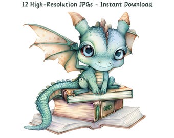 Baby Dragon akvarell Clipart: Fantasy Bokkonst (Digital Nedladdning)