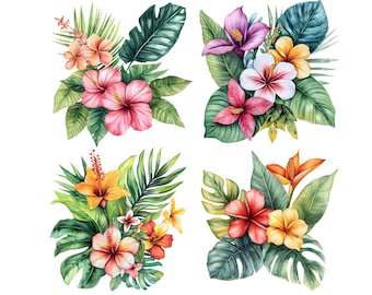 Watercolor Tropical Flower Clipart: Exotic Floral PNG Set (Digital Download)