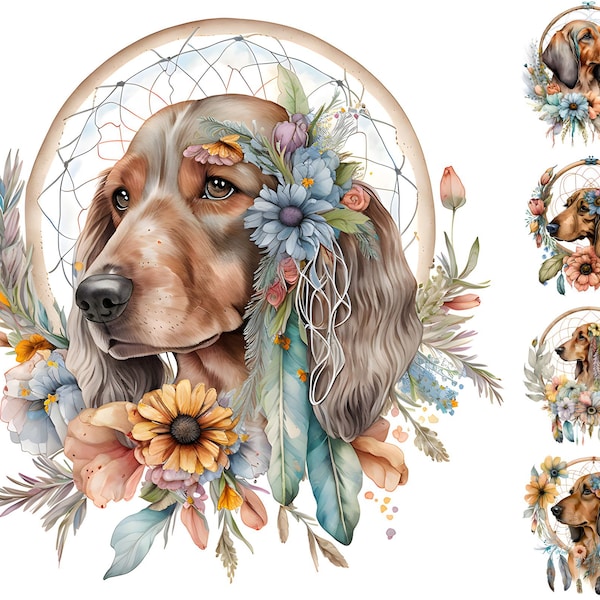 Dreamcatcher Dachshund Clipart, 5 JPGs, Watercolor Dachshund Clipart, Nursery, Scrapbooking, Digital Paper Craft, Digital Download