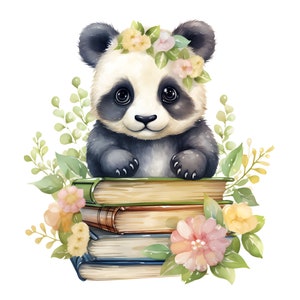 Clipart de panda sentado em uma pilha de livros, 16 JPGs, livros em aquarela, clipart de panda, clipart de livros, volta às aulas, uso comercial