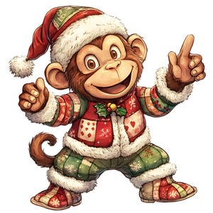 Op de afbeelding: Een cartoon-aap die een rood-groene kersttrui en een kerstmanmuts draagt. De aap glimlacht en heeft zijn rechterarm omhoog, wijzend met zijn wijsvinger.