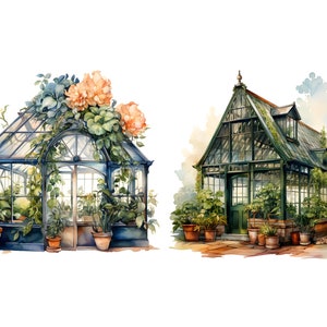 K&ouml;nnte beinhalten: Zwei Aquarellbilder von Glasgew&auml;chsh&auml;usern. Das erste Gew&auml;chshaus ist ein kleineres, traditionelleres Design mit einem gew&ouml;lbten Dach und einer Vielzahl von Pflanzen, die darin wachsen. Das zweite Gew&auml;chshaus ist ein gr&ouml;&szlig;eres, moderneres Design mit einem Satteldach und einer Vielzahl von Pflanzen, die darin wachsen.