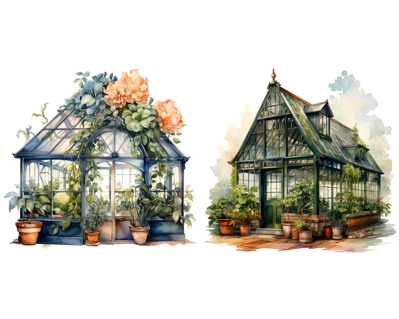 K&ouml;nnte beinhalten: Zwei Aquarellbilder von Glasgew&auml;chsh&auml;usern. Das erste Gew&auml;chshaus ist ein kleineres, traditionelleres Design mit einem gew&ouml;lbten Dach und einer Vielzahl von Pflanzen, die darin wachsen. Das zweite Gew&auml;chshaus ist ein gr&ouml;&szlig;eres, moderneres Design mit einem Satteldach und einer Vielzahl von Pflanzen, die darin wachsen.
