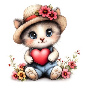 Clipart mignon chaton tenant un coeur, 16 JPG, clipart aquarelle chat Saint-Valentin, fabrication de cartes, scrapbooking, créations en papier, usage commercial