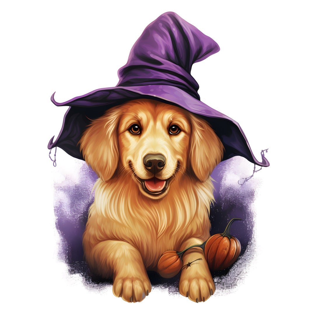 Halloween Golden Retriever Clipart, 12 Jpgs, Watercolor, Witch Hat ...