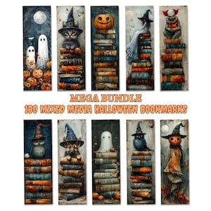 Halloween Bookmark, Set Of 180 PNG/JPG, 2x6 In, Printable Bookmark Bundle, Book Lover, Mixed Media Whimsical Design, Digital Download