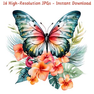 Watercolor Butterfly with Flowers Clipart, 16 High-Quality JPGs for Scrapbooking, Card Making & Digital Crafts, Junk Journal, Commercial Use
