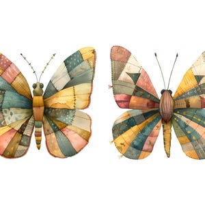 May include: Two colorful butterflies with patchwork wings. The butterflies are made of different fabrics and colors, including blue, green, yellow, and pink. The butterflies are a whimsical and decorative design.