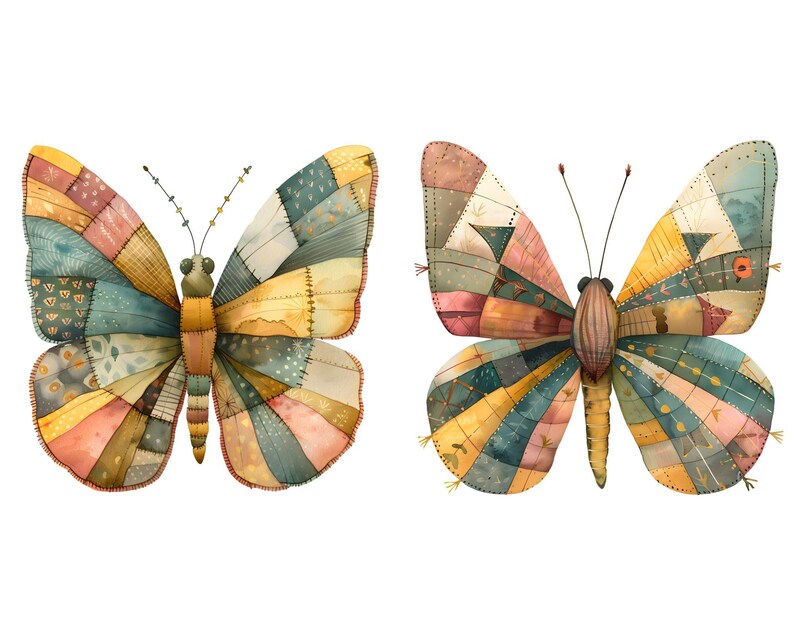 May include: Two colorful butterflies with patchwork wings. The butterflies are made of different fabrics and colors, including blue, green, yellow, and pink. The butterflies are a whimsical and decorative design.