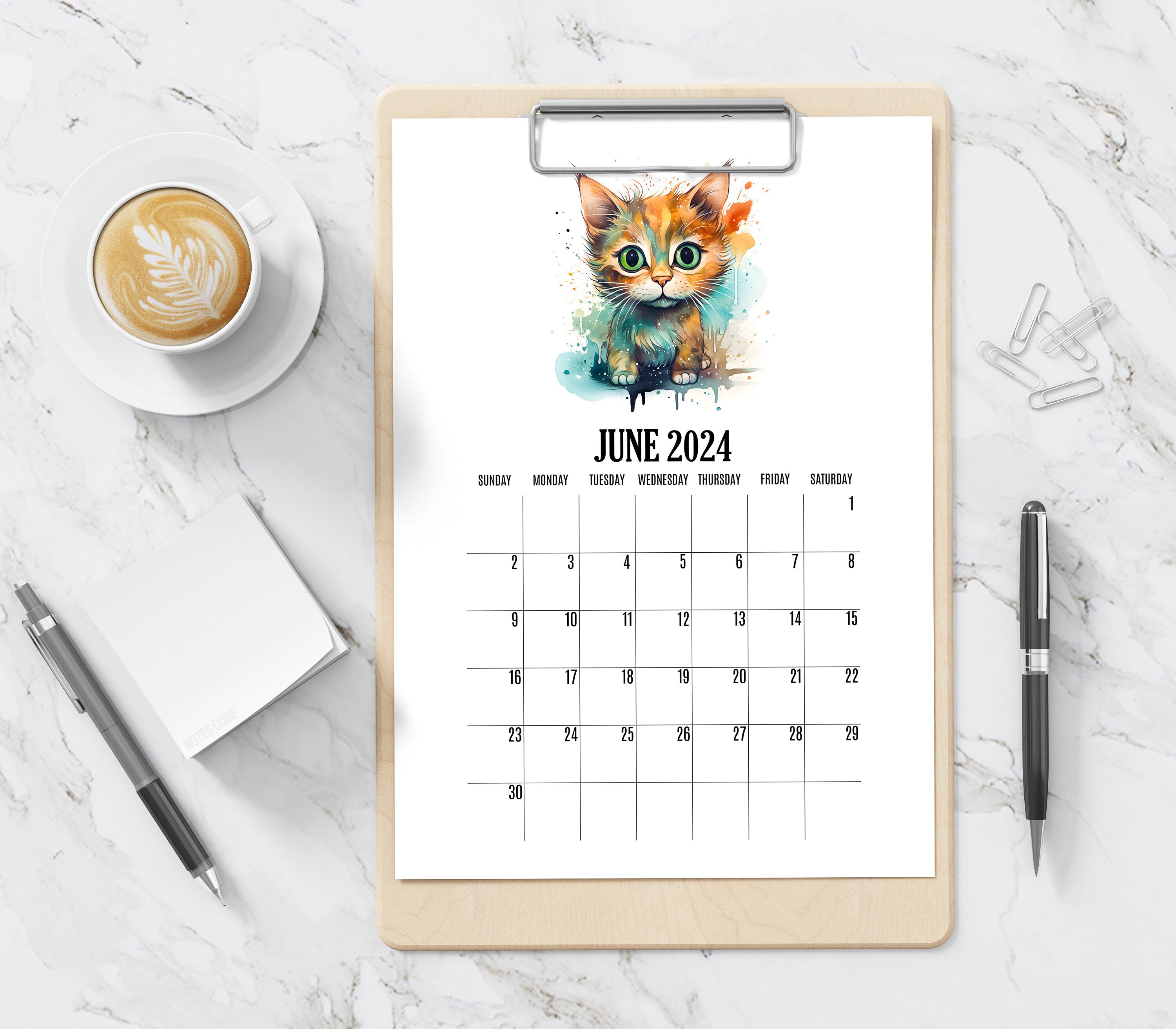 Cat Calendar 2024 Printable Calendar Kitten Calendar PDF Etsy Australia