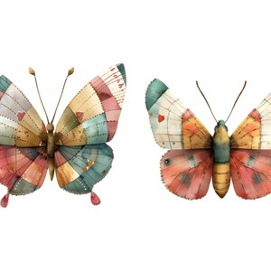 May include: Two watercolor painted butterflies with intricate patterns. The butterfly on the left has a patchwork design in shades of blue, red, brown, and yellow. The butterfly on the right has a more abstract design in shades of pink, red, white, and blue.