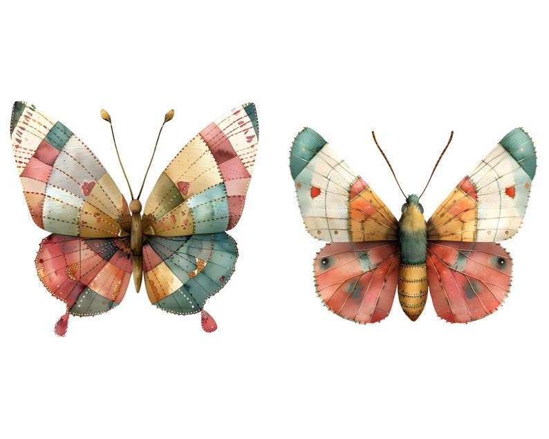 May include: Two watercolor painted butterflies with intricate patterns. The butterfly on the left has a patchwork design in shades of blue, red, brown, and yellow. The butterfly on the right has a more abstract design in shades of pink, red, white, and blue.