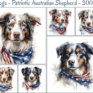 Clipart patriottico del pastore australiano dell'acquerello, 10 JPG di alta qualità, clipart del 4 luglio, immagini collage, clipart digitale, uso commerciale