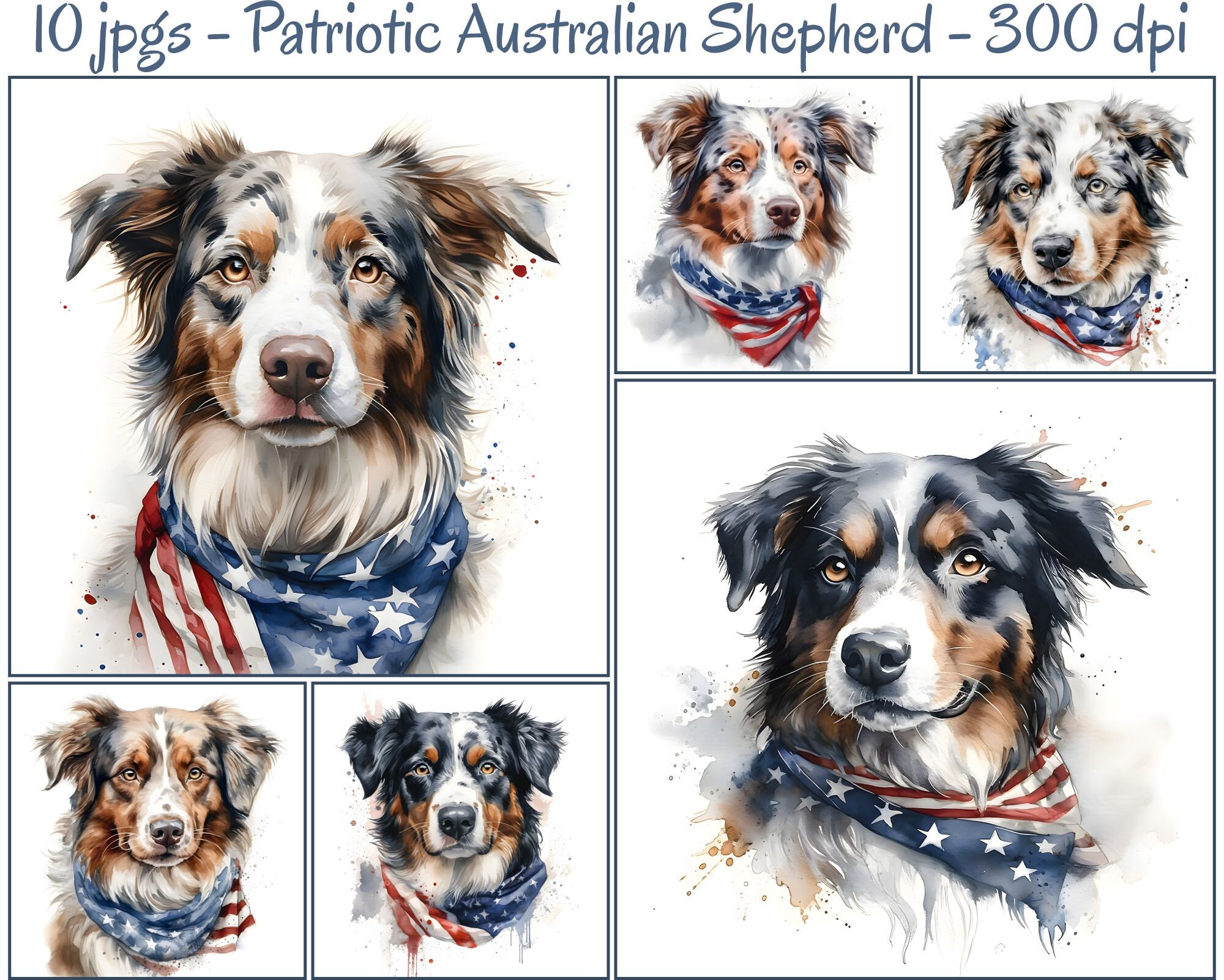 Patriotic Watercolor Australian Shepherd Clipart, 10 High-Quality JPGs, 4th Of July Clipart, Collage Images, Digital Clipart, Commercial Use