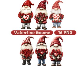 May include: Six Valentine's Day gnomes with red, white, and gray hats and beards. Each gnome is holding a bouquet of red roses and a heart-shaped decoration. The text "Valentine Gnome" and "16 PNG" is visible at the top of the image.