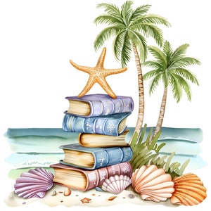 May include: A stack of vintage books with a starfish on top, surrounded by seashells and palm trees on a beach scene.