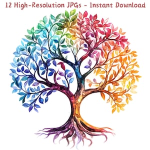 Watercolor Tree of Life Clipart, 12 JPG Colorful Digital Art for Scrapbooking, Sublimation & DIY Crafts, Spiritual Tree Art, Commercial Use