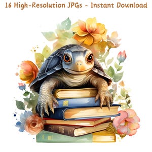 Tortuga de acuarela sentada sobre una pila de libros, 16 bonitos archivos JPG para manualidades de libros y aula, descarga digital, uso comercial
