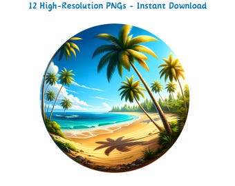 Watercolor Tropical Beach Clipart: Summer Ocean Palm Trees (12 PNG Digital Files)
