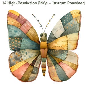 Skurrile Patchwork Schmetterling Clipart, 16 PNG digitale Kunst für Scrapbooking, Kartenherstellung & Handwerk, sofortiger Download, kommerzielle Nutzung