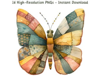 Patchwork Butterfly Clipart: 16 Whimsical PNG Digital Art (Commercial Use)