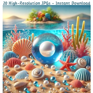 Esfera de agua azul 3D con perlas y conchas, 24 JPG, papel digital de verano para álbumes de recortes, sublimación, manualidades de bricolaje, uso comercial