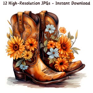 Aquarell Cowboy-Stiefel mit Blumen Clipart, 12 JPG-Dateien, Western Boots Design mit floralen Akzenten, perfekt für Kunsthandwerk, Karten und Dekor