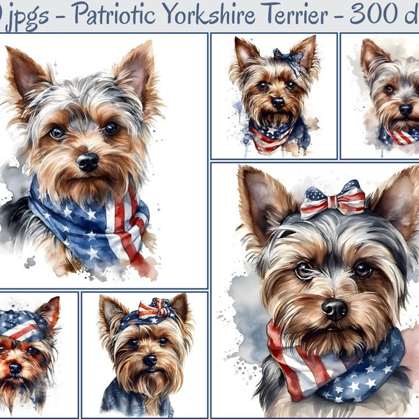 Patriotic Watercolor Yorkshire Terrier Clipart, 10 High-Quality JPGs, 4th Of July Clipart, Digital Clipart, Collage Images, Commercial Use