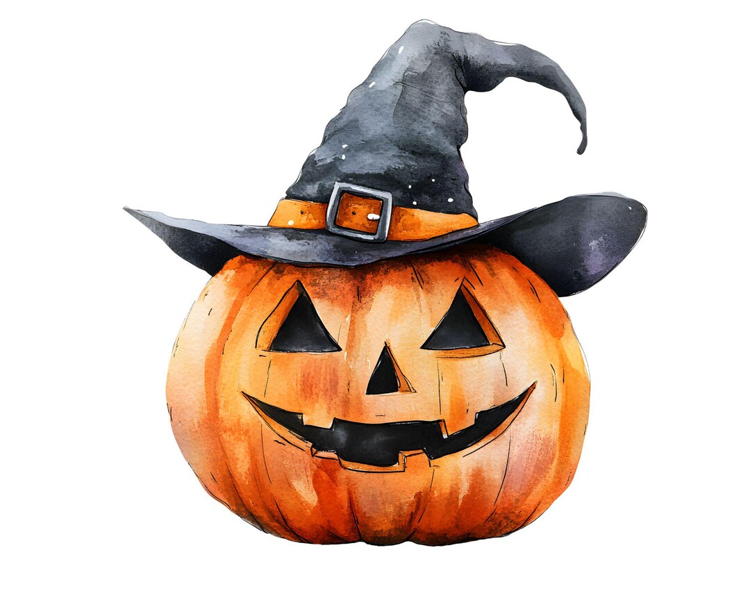 Watercolor Halloween Pumpkin Clipart, 16 PNG, Pumpkin With Witch Hat ...