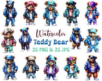Clipart acquerello di orsacchiotto hip hop: 25 disegni PNG (download digitale)