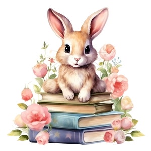 Kaninchen sitzend auf Bücherstapel Clipart, 16 JPGs, Aquarell Bücher, Kaninchen Clipart, Bücher Clipart, Schulanfang, kommerzielle Nutzung