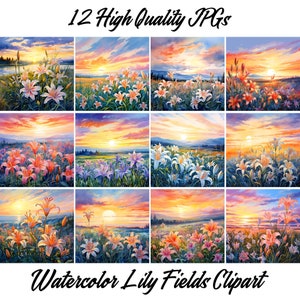 Clipart de campo de lírio, 12 JPGs, lírio aquarela, arte de parede de lírios, flores de lírio, álbum de recortes, artesanato em papel digital, uso comercial