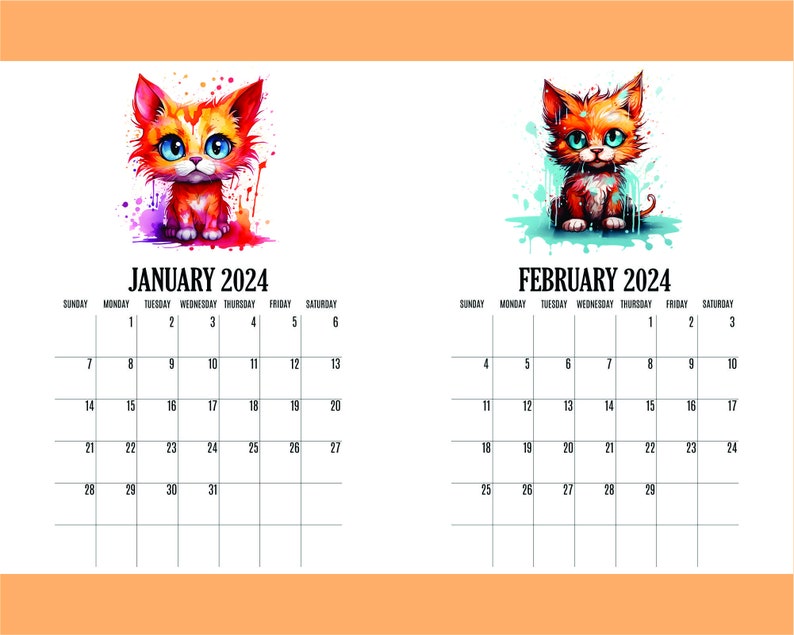 Cat Calendar 2024 Printable Calendar Kitten Calendar PDF Etsy Australia