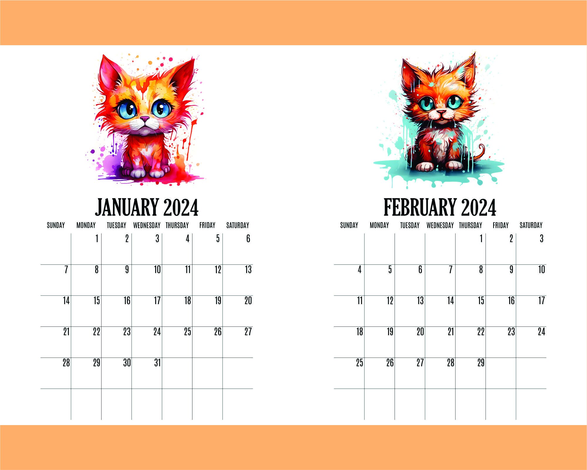 Cat Calendar 2024 Printable Calendar Kitten Calendar PDF Etsy Australia