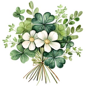 Clipart de buquê do dia de São Patrício, 16 JPG, buquê verde irlandês, ilustração de trevo, amuleto da sorte floral, criação de cartões, download digital