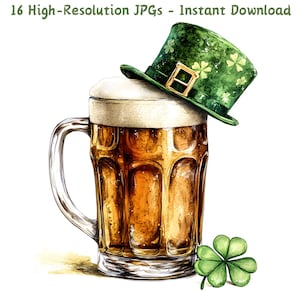 Pode incluir: Uma ilustração em aquarela de um copo de cerveja com um chapéu verde de duende no topo e um trevo ao lado.