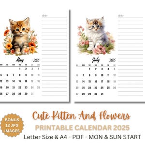 2025 Monthly Planner Printable with Cute Kitten And Flowers, A4 & US Letter, Monday And Sunday Start, PDF Calendar, Digital Download