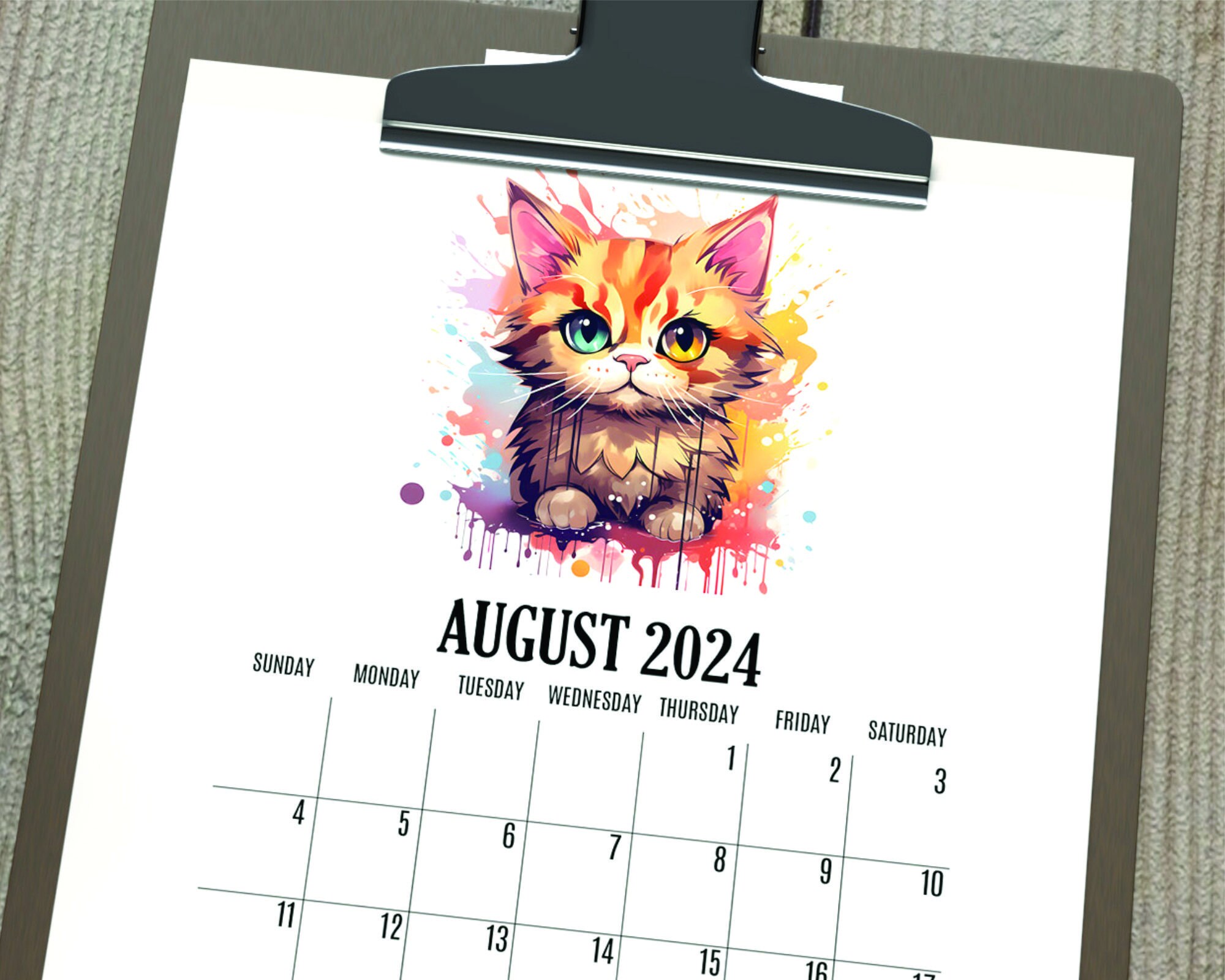 Cat Calendar 2024 Printable Calendar Kitten Calendar PDF Etsy Australia