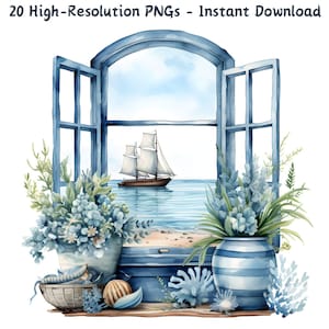 Clipart di finestre nautiche ad acquerello, 20 PNG Vista di barche a vela Arte digitale per scrapbooking, sublimazione e artigianato fai da te, diario di scarto