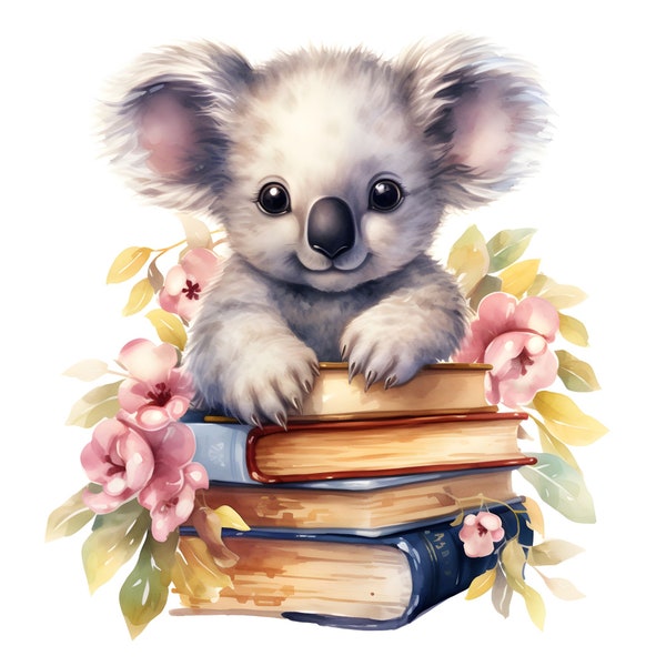 Koala Sitting On A Stack Of Books Clipart, 16 JPGs, Watercolor Books, Koala Clipart, Books Clipart, Back To School, Commercial Use