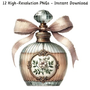 Bottiglia di profumo vintage con fiocco di nastro Clipart, 12 file PNG, illustrazione ad acquerello di bottiglia di profumo romantico, download digitale