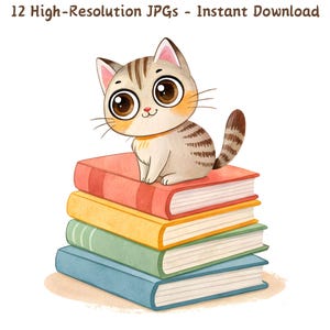 Aquarell Bücherstapel mit Kitty Katze Clipart, Cosy Book Lover Illustration, 12 JPG, digitaler Download, kommerzielle Nutzung