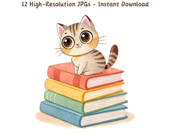 Watercolor Kitty Cat on Books Clipart: Cozy Book Lover Illustration (Digital Download)