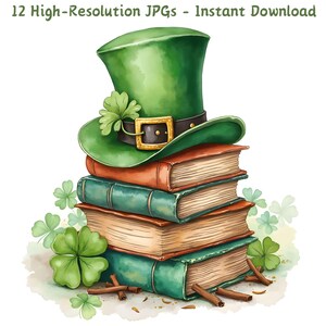 May include: A stack of four books with a green leprechaun hat on top. The books are brown, green, and orange. There are green shamrocks around the books.