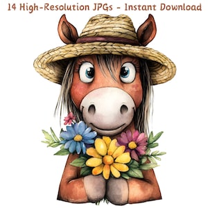 Niedliche Cartoon Pferd Aquarell Clipart, Florale Pferd Kunst, 14 JPG-Dateien, Bauernhof Tiere bedruckbar, Sommer Pferd mit Blumen, Kartenherstellung